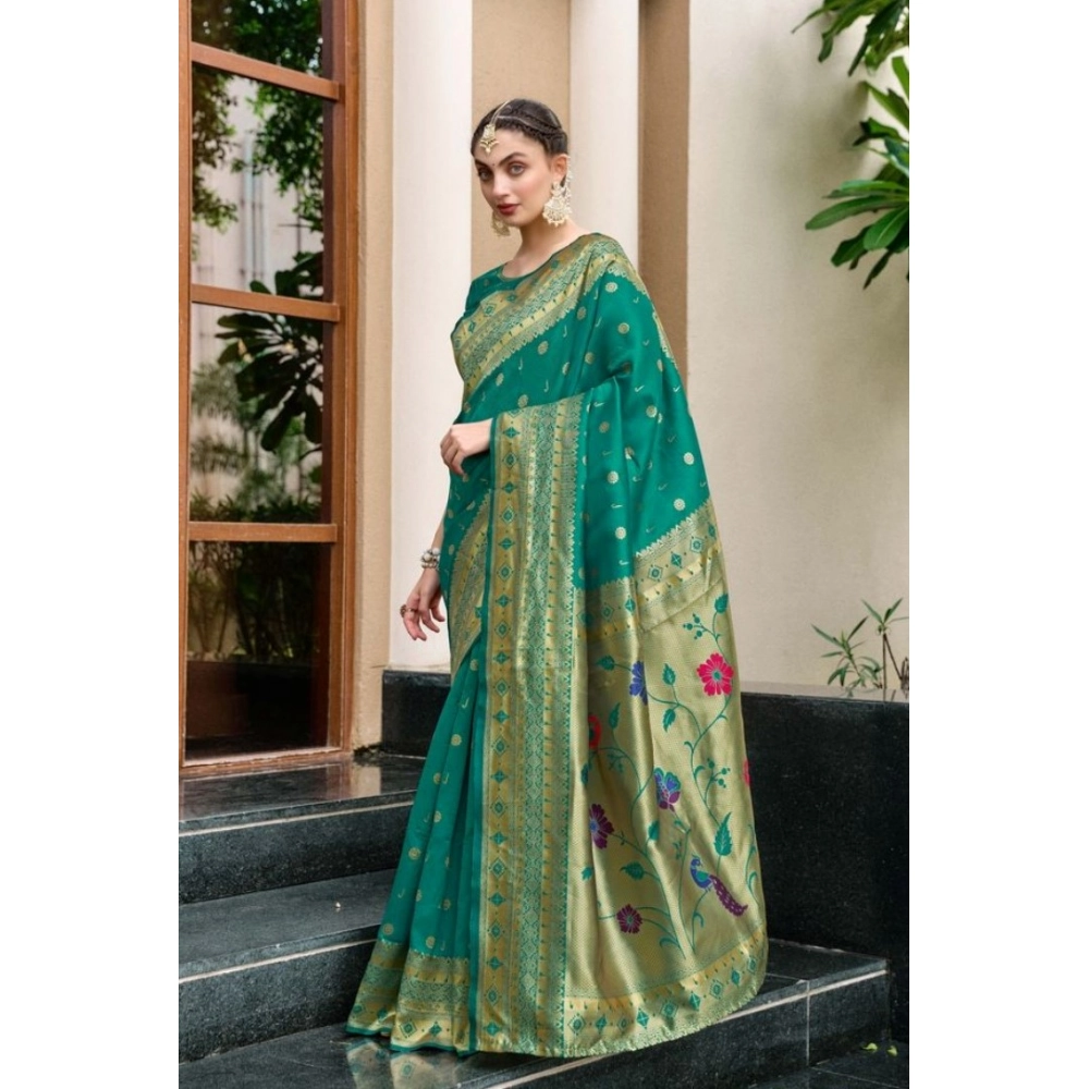 Generic Women's Silk Blend Paithani Weaving Saree With Unstitched Blouse 5.5Mtr (Green) - Image 4