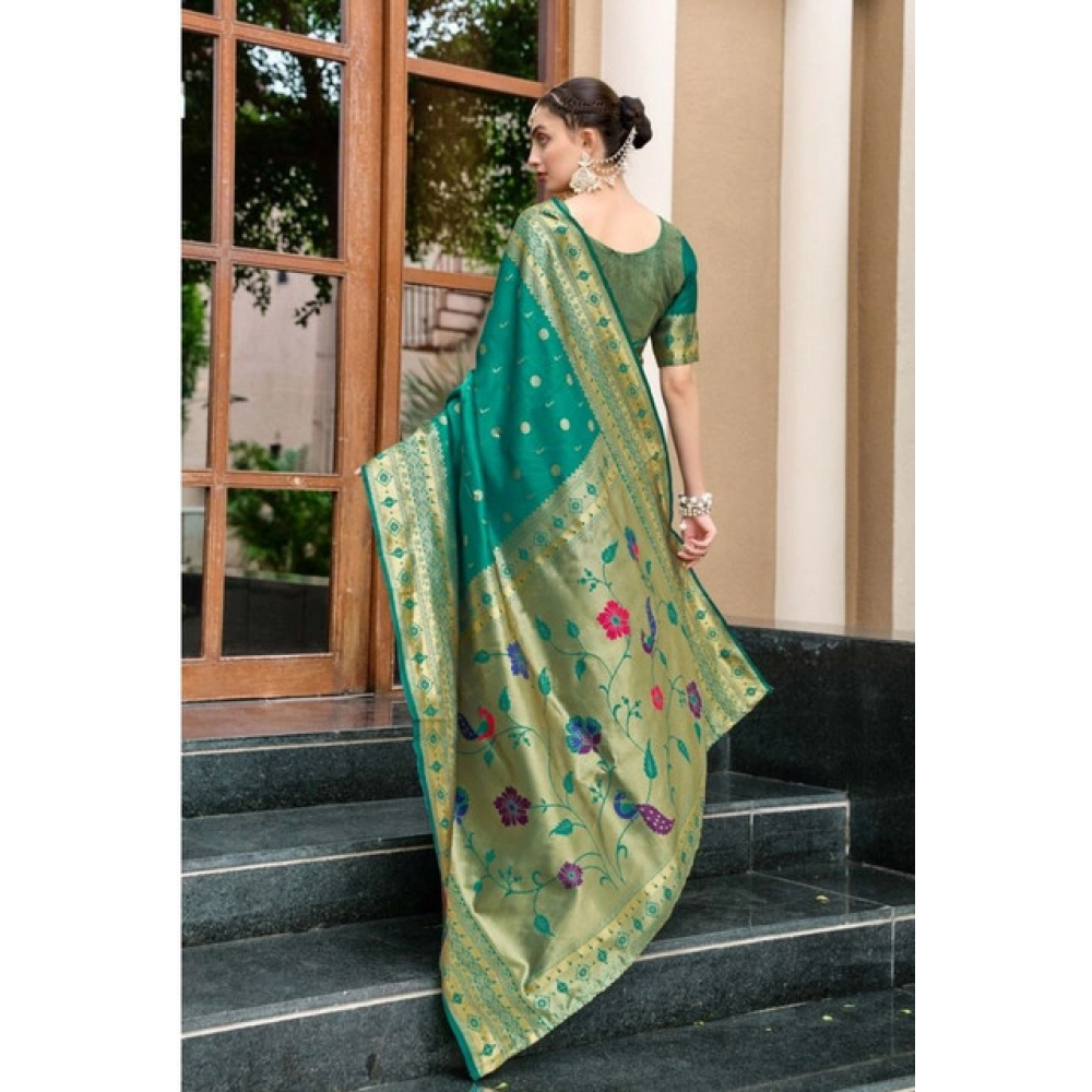 Generic Women's Silk Blend Paithani Weaving Saree With Unstitched Blouse 5.5Mtr (Green) - Image 3