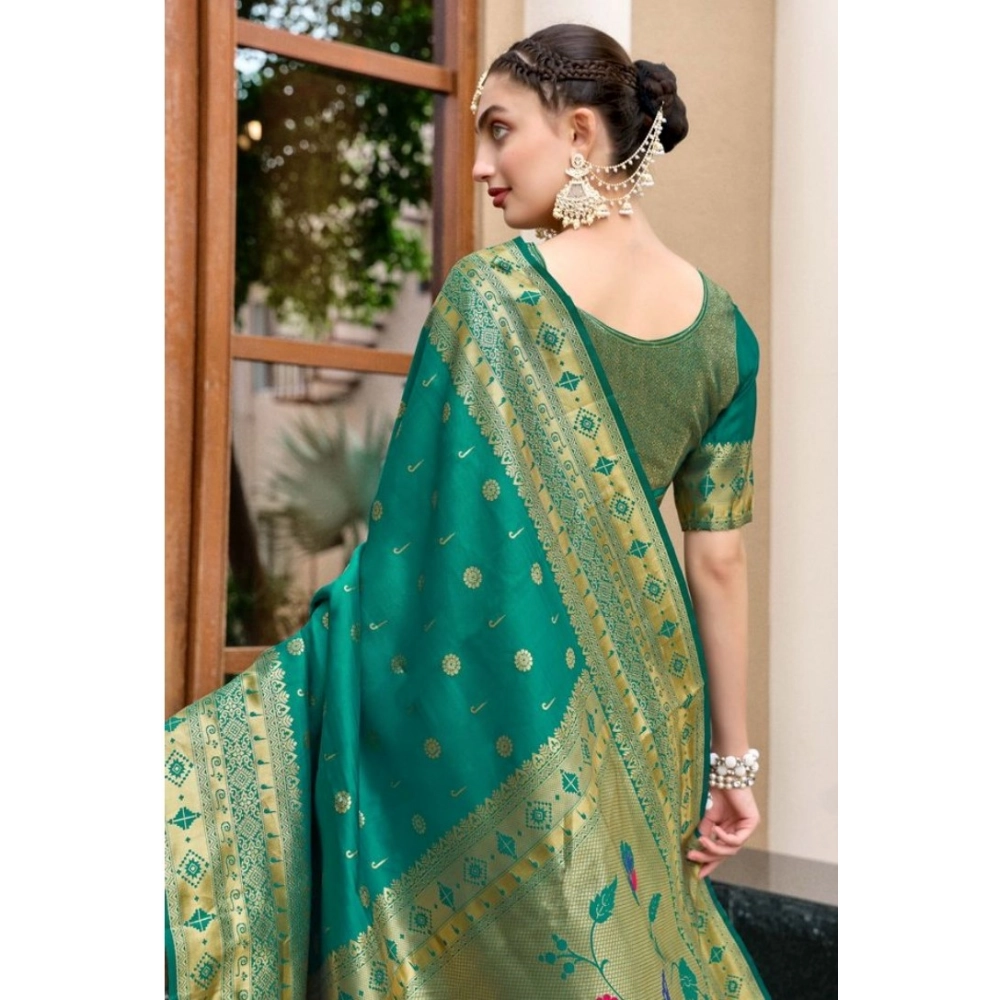 Generic Women's Silk Blend Paithani Weaving Saree With Unstitched Blouse 5.5Mtr (Green) - Image 2
