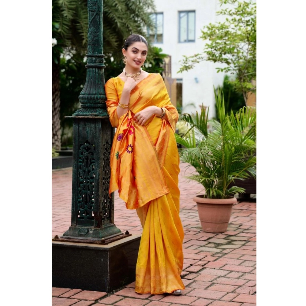 Generic Women's Silk Blend Paithani Weaving Saree With Unstitched Blouse 5.5Mtr (Mustard) - Image 3