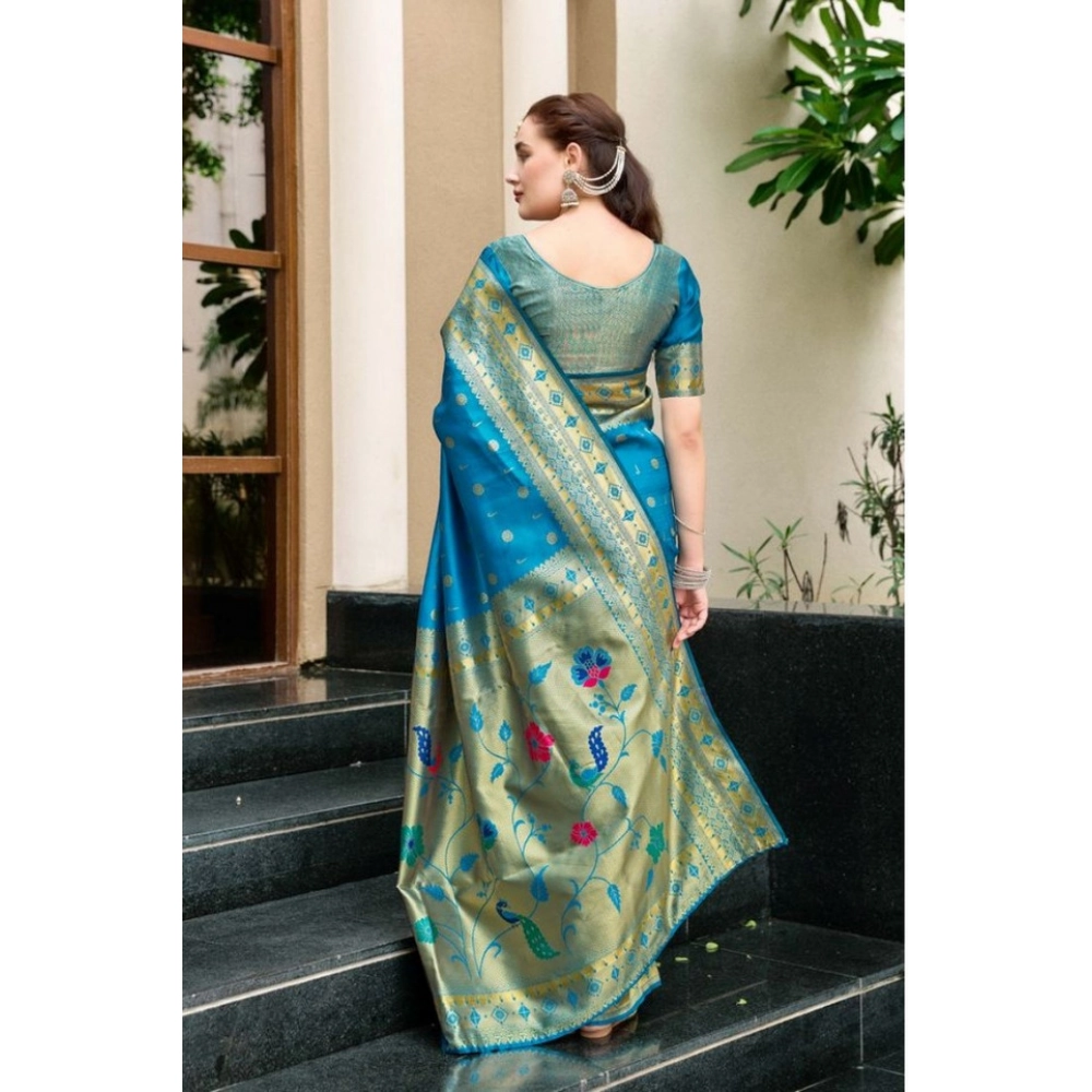 Generic Women's Silk Blend Paithani Weaving Saree With Unstitched Blouse 5.5Mtr (Turquoise) - Image 3