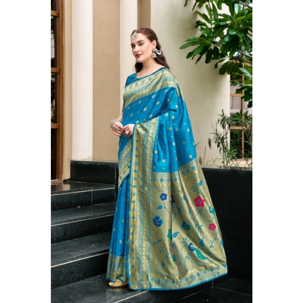 Generic Women's Silk Blend Paithani Weaving Saree With Unstitched Blouse 5.5Mtr (Turquoise) - Image 4