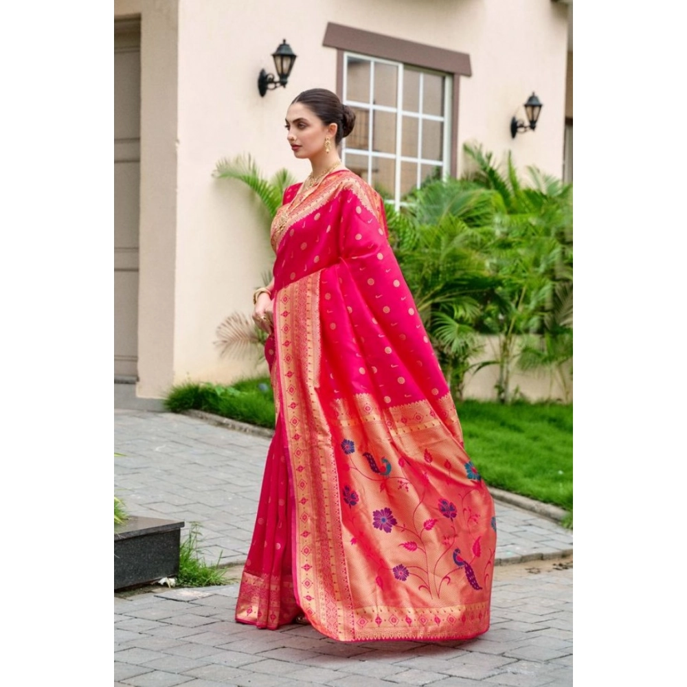 Generic Women's Silk Blend Zari Woven Saree With Unstitched Blouse 5.5Mtr (Red) - Image 4