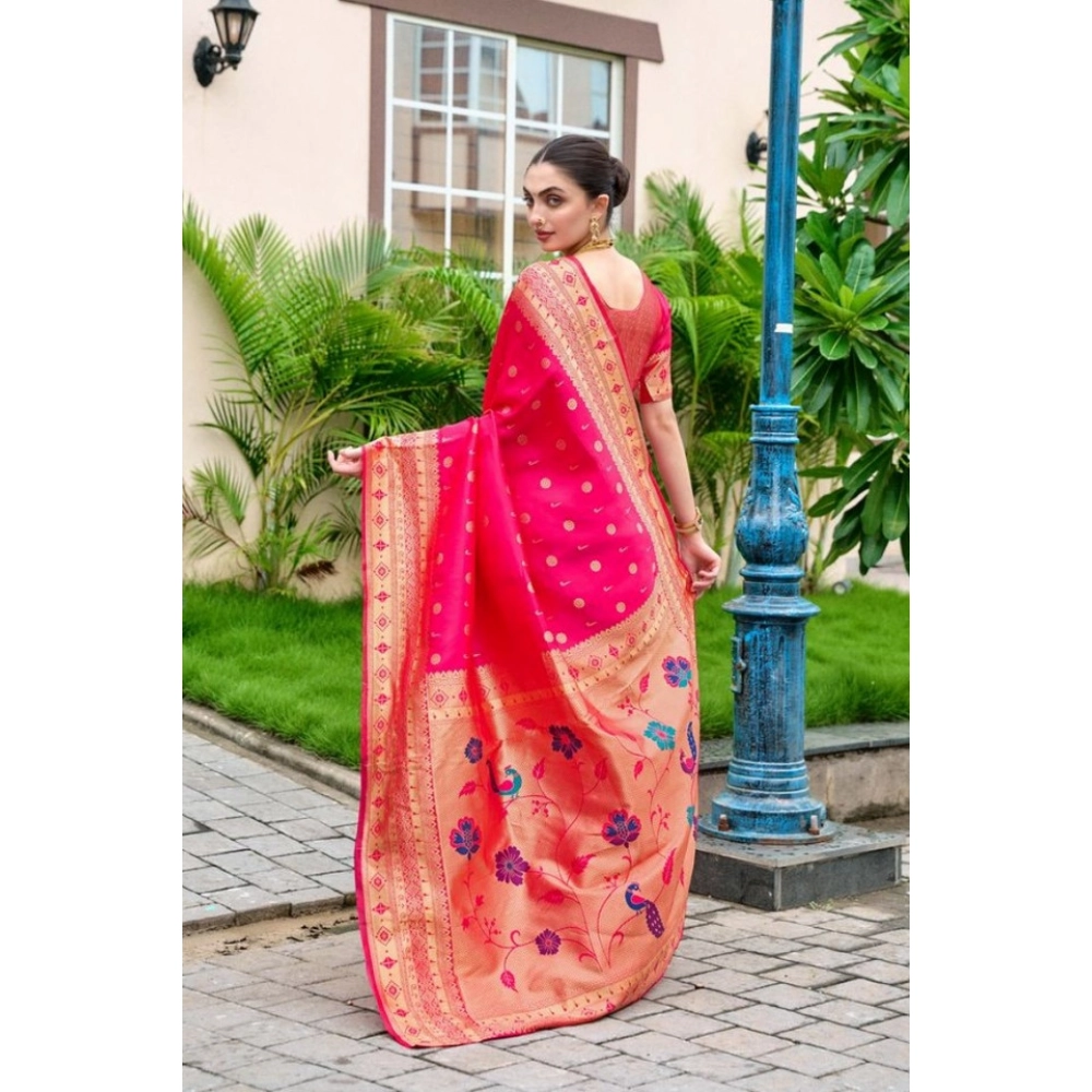 Generic Women's Silk Blend Zari Woven Saree With Unstitched Blouse 5.5Mtr (Red) - Image 3