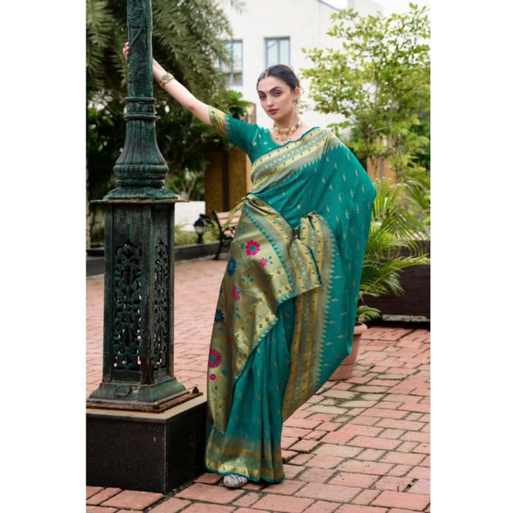 Generic Women's Silk Blend Zari Woven Saree With Unstitched Blouse 5.5Mtr (Teal) - Image 4