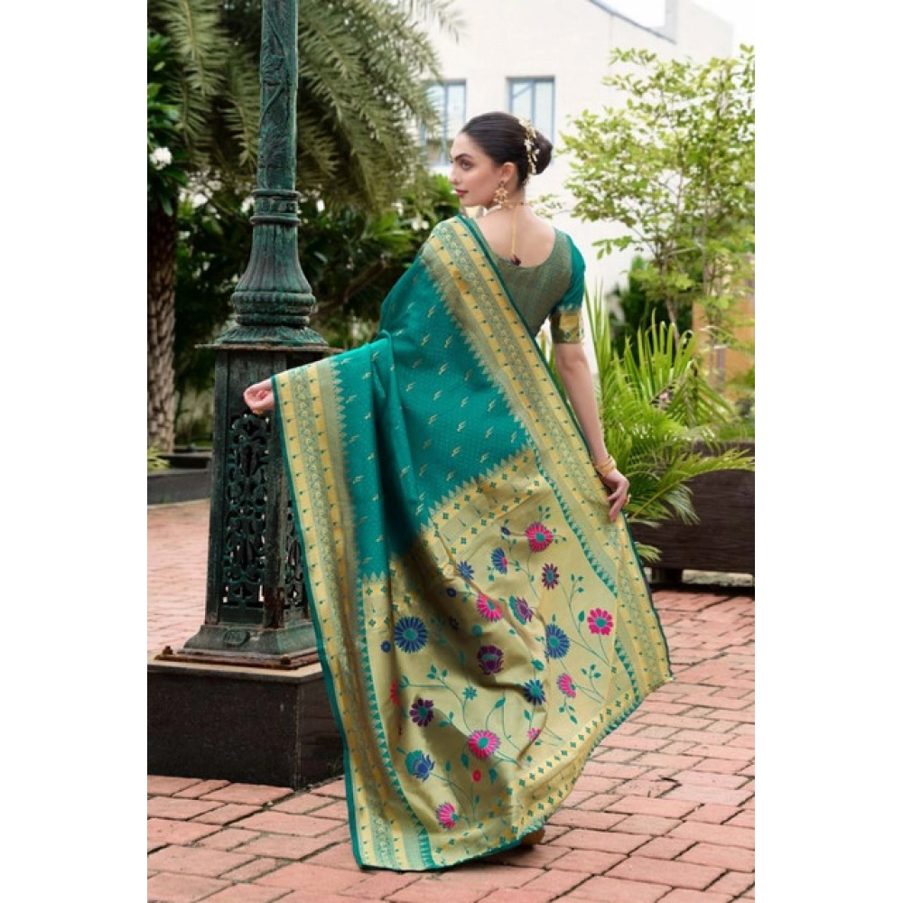 Generic Women's Silk Blend Zari Woven Saree With Unstitched Blouse 5.5Mtr (Teal) - Image 3