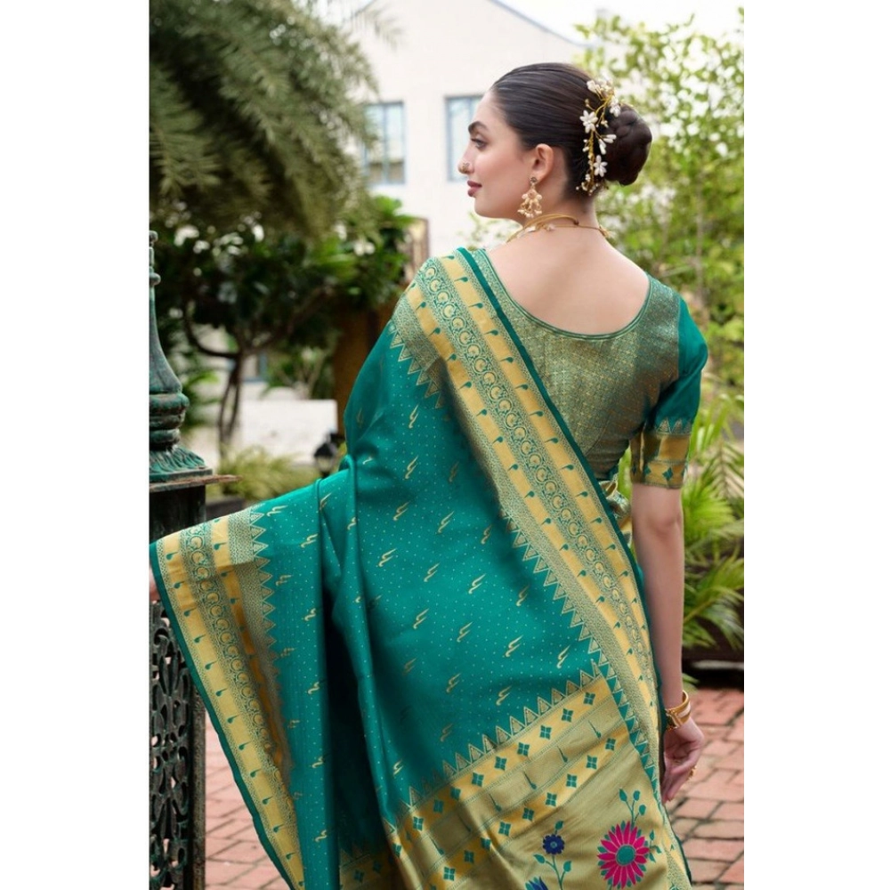 Generic Women's Silk Blend Zari Woven Saree With Unstitched Blouse 5.5Mtr (Teal) - Image 2