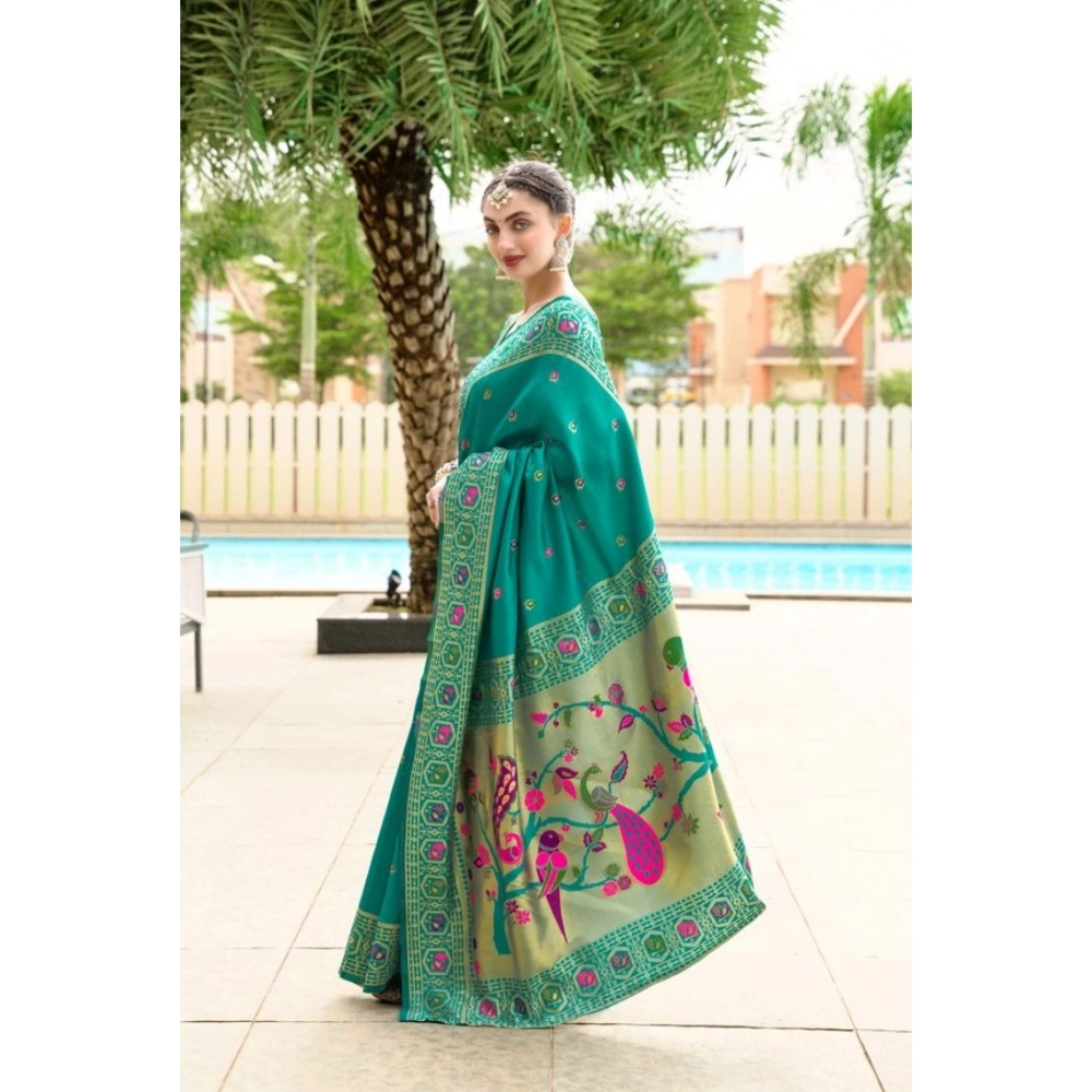 Generic Women's Silk Blend Paithani Weaving Saree With Unstitched Blouse 5.5Mtr (Green) - Image 4