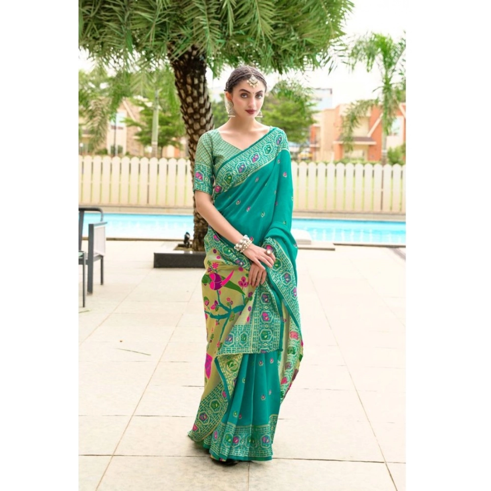 Generic Women's Silk Blend Paithani Weaving Saree With Unstitched Blouse 5.5Mtr (Green) - Image 3