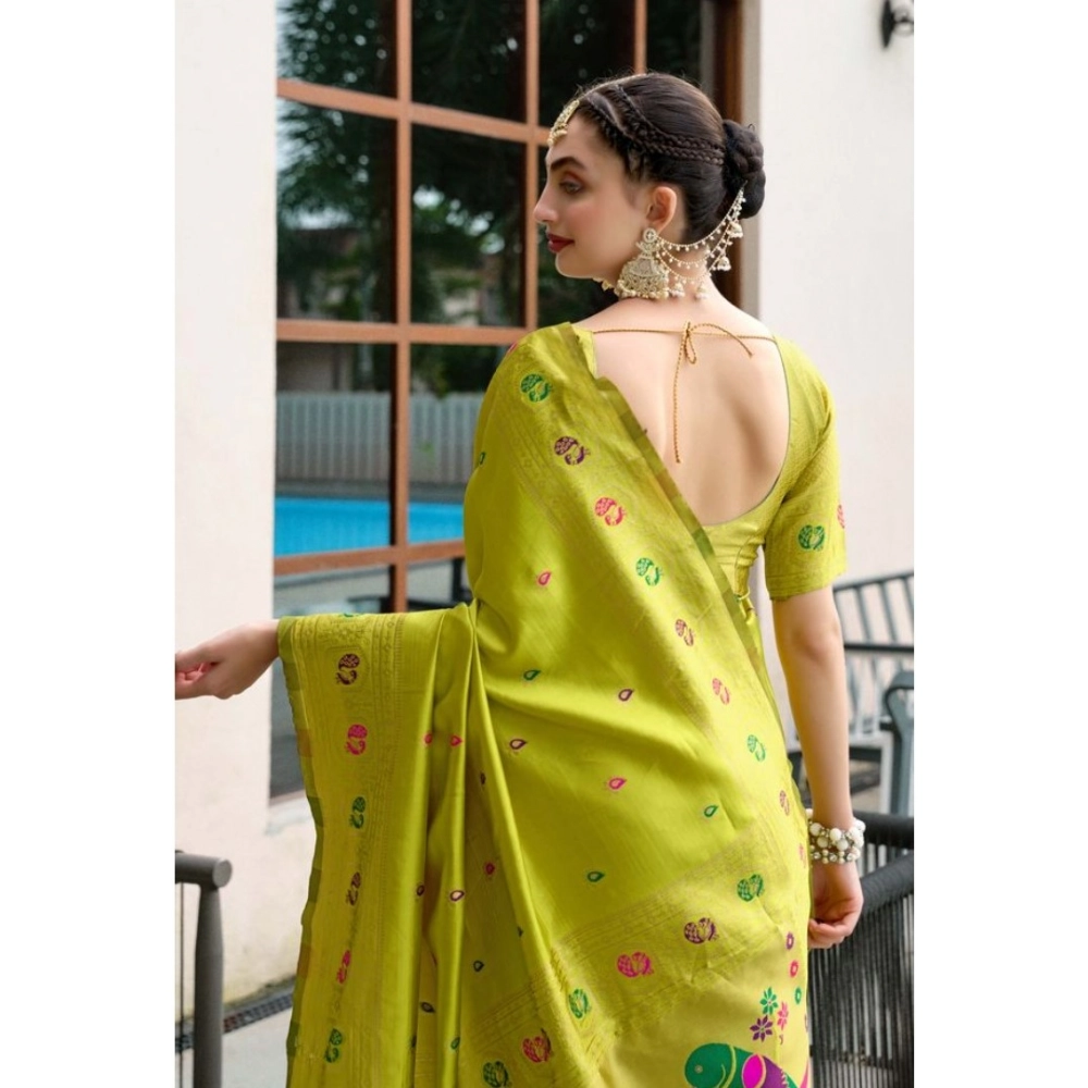 Generic Women's Silk Blend Paithani Weaving Saree With Unstitched Blouse 5.5Mtr (Lime-Green) - Image 2