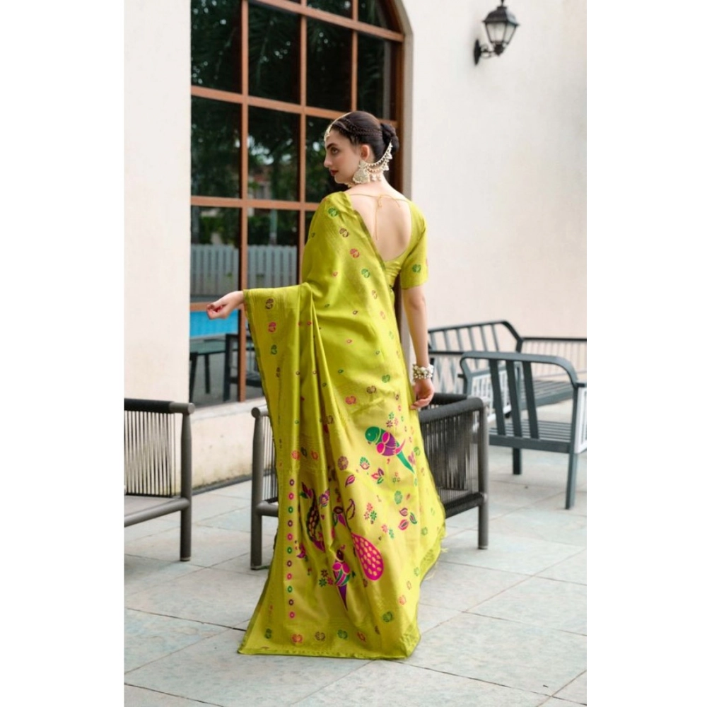 Generic Women's Silk Blend Paithani Weaving Saree With Unstitched Blouse 5.5Mtr (Lime-Green) - Image 3