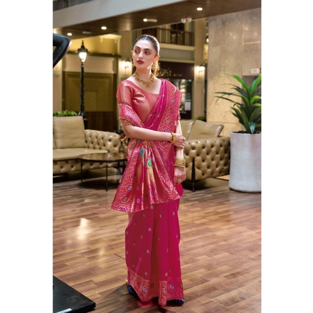 Generic Women's Silk Blend Paithani Weaving Saree With Unstitched Blouse 5.5Mtr (Pink) - Image 2