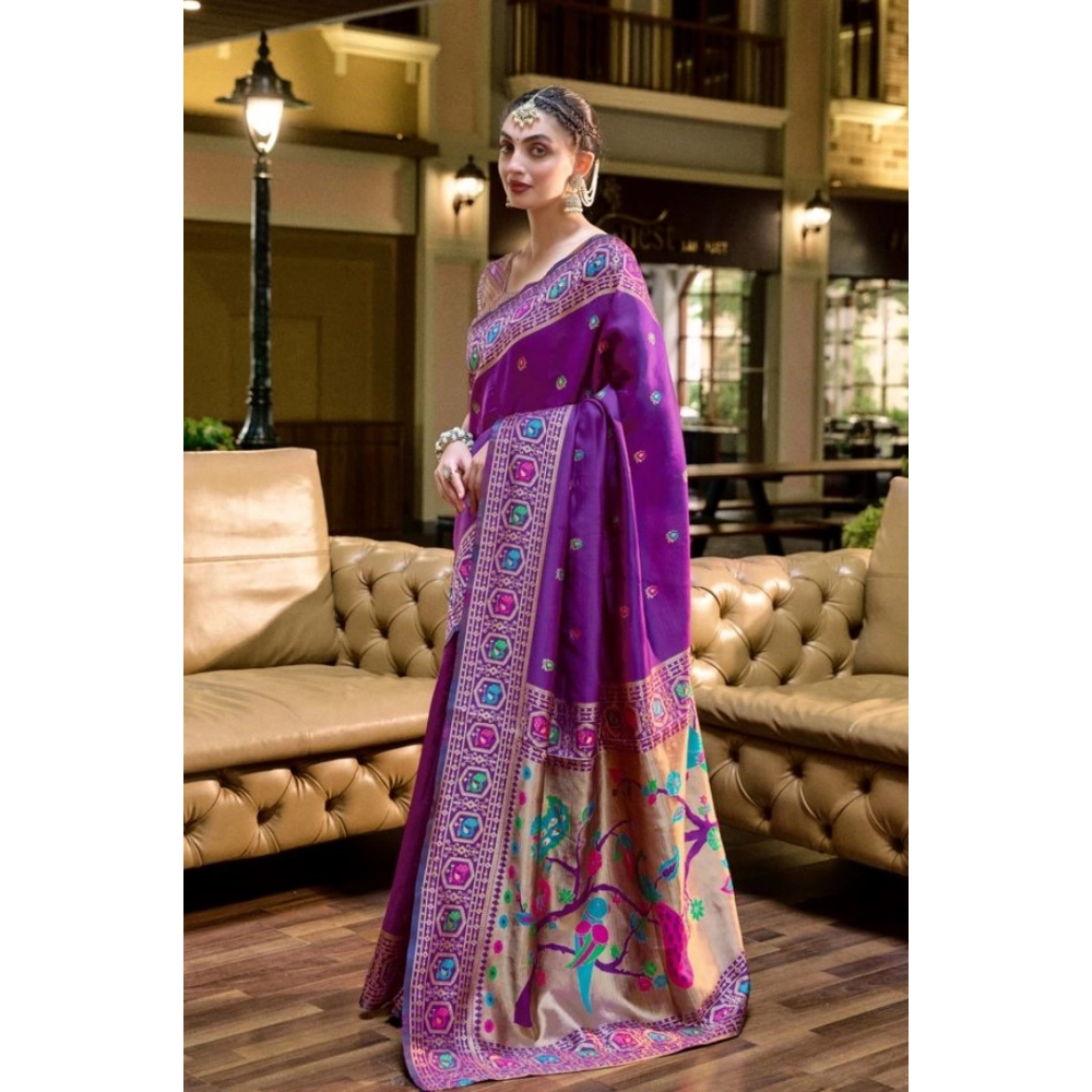 Generic Women's Silk Blend Paithani Weaving Saree With Unstitched Blouse 5.5Mtr (Purple) - Image 4