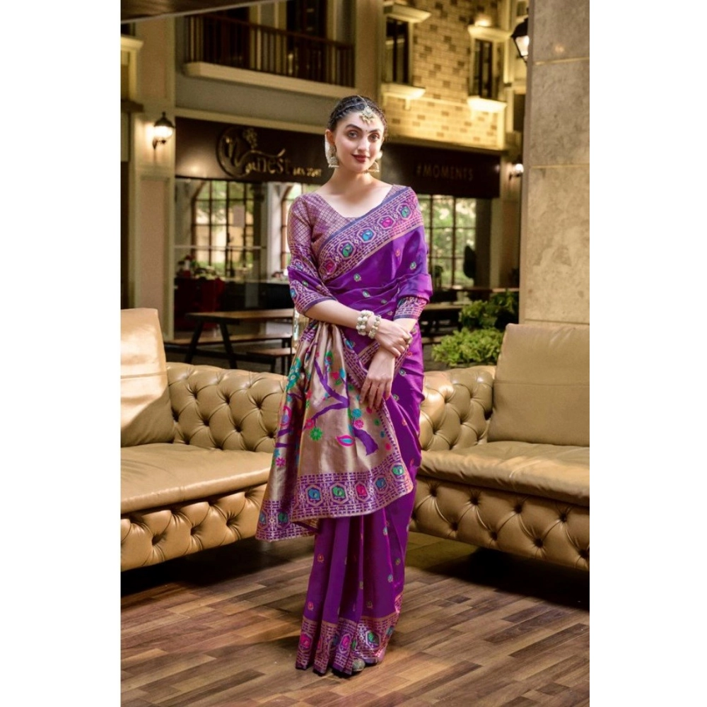 Generic Women's Silk Blend Paithani Weaving Saree With Unstitched Blouse 5.5Mtr (Purple) - Image 3