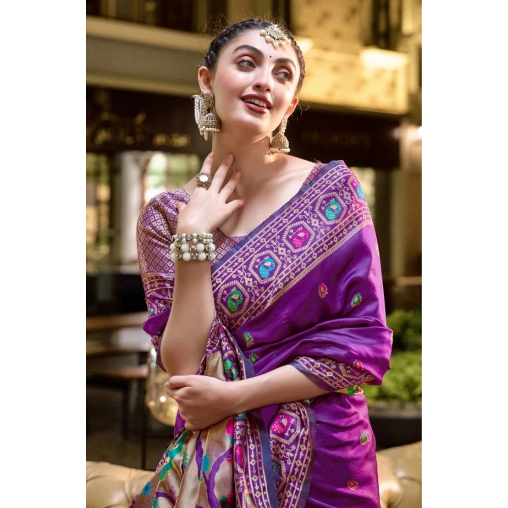 Generic Women's Silk Blend Paithani Weaving Saree With Unstitched Blouse 5.5Mtr (Purple) - Image 2