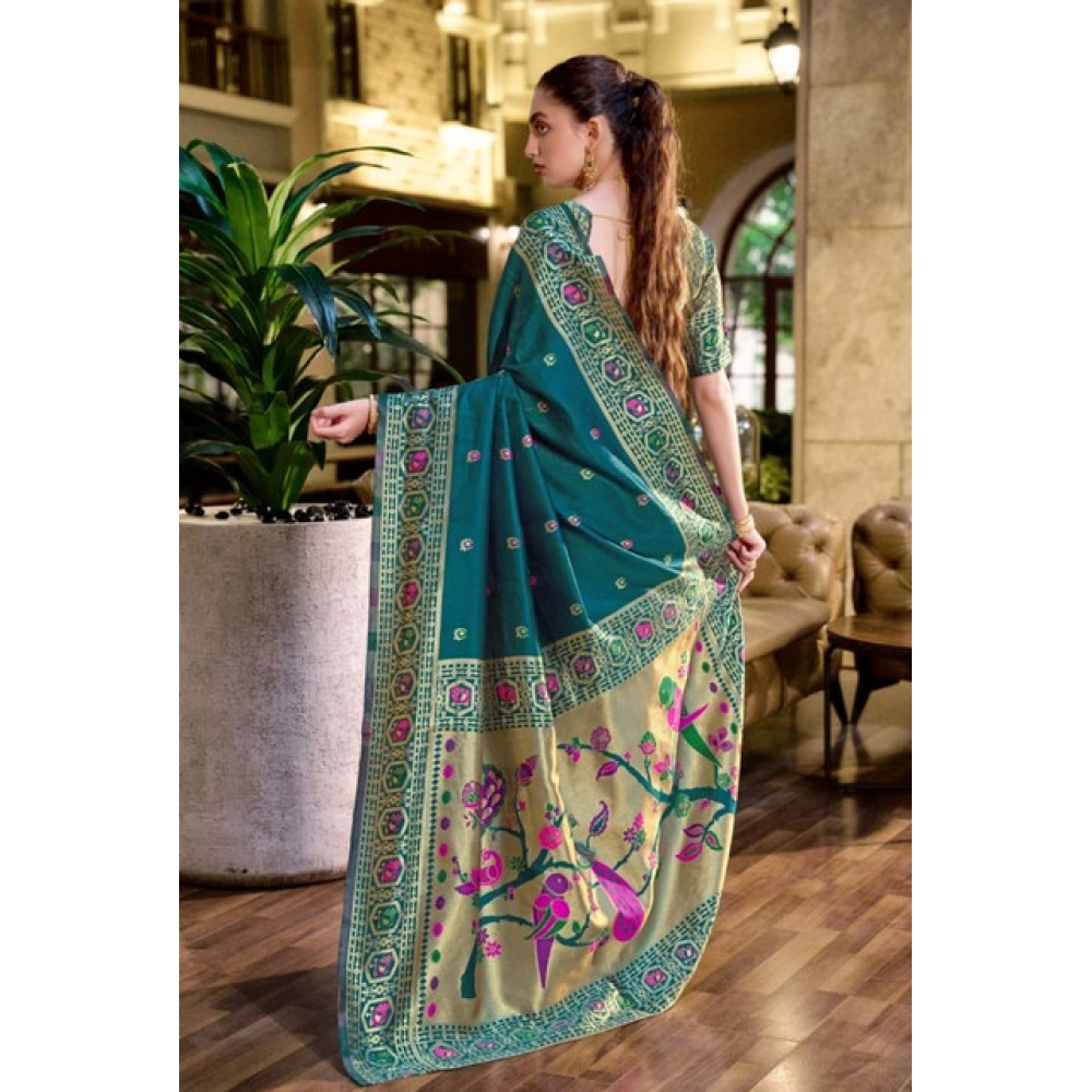 Generic Women's Silk Blend Paithani Weaving Saree With Unstitched Blouse 5.5Mtr (Teal) - Image 3