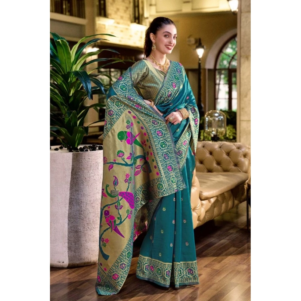 Generic Women's Silk Blend Paithani Weaving Saree With Unstitched Blouse 5.5Mtr (Teal) - Image 2