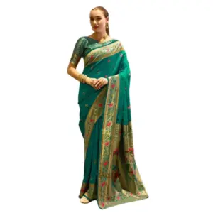 Generic Women's Silk Blend Zari Woven Saree With Unstitched Blouse 5.5Mtr (Green)