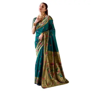 Generic Women's Silk Blend Zari Woven Saree With Unstitched Blouse 5.5Mtr (Teal)