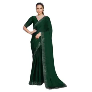 Generic Women's Rangoli Diamond Weaving - Stone Work Saree With Unstitched Blouse 5.5Mtr (Green)